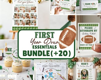 May include: A collection of football-themed party supplies, including invitations, signs, cupcake toppers, and a coloring page. The items feature a green and white color scheme with football graphics and the text "First Year Down Essentials Bundle (+20)".