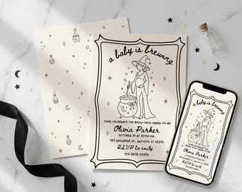 A Baby Is Brewing Halloween Baby Shower Invitation, Witch Baby Shower Canva Invite, Animated Mobile Evite