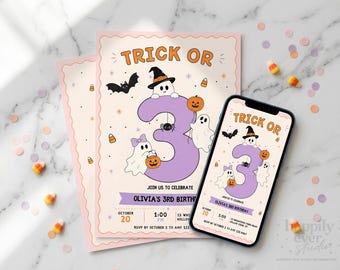 Trick or Three Pink Halloween Spooky 3rd Birthday Invitation, Girl Invite, Editable Canva Template