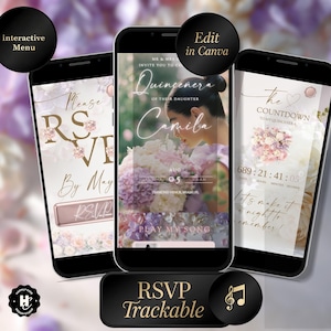 May include: Three smartphones displaying digital invitations for a Quinceañera. The central phone shows a woman with flowers, the text "Quinceañera Camila", and event details. Other screens show RSVP and countdown information. The design includes floral elements and a trackable RSVP button.