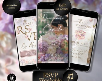 May include: Three smartphones displaying digital invitations for a Quinceañera. The central phone shows a woman with flowers, the text "Quinceañera Camila", and event details. Other screens show RSVP and countdown information. The design includes floral elements and a trackable RSVP button.