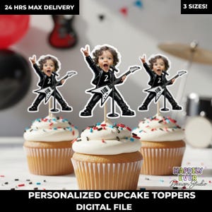 May include: Cupcakes with white frosting and colorful sprinkles, topped with personalized cupcake toppers featuring a child dressed as a rock star. The toppers have the text "2" on the shirt. The image also includes the text "24 HRS MAX DELIVERY", "3 SIZES!", "PERSONALIZED CUPCAKE TOPPERS", and "DIGITAL FILE".