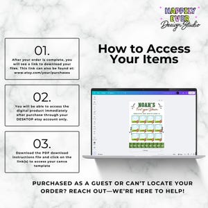 May include: A laptop displays instructions on how to access digital items after purchase. The screen shows a football-themed design with the text "Noah's First Year Down." The image also includes the Etsy shop's logo and instructions.
