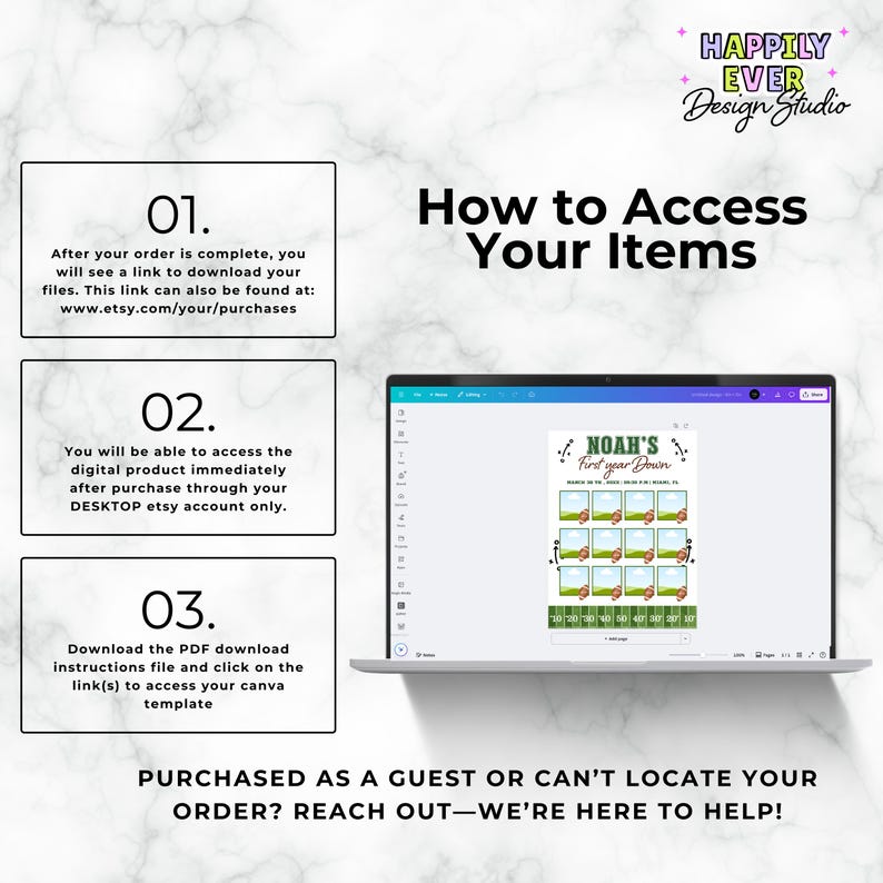 May include: A laptop displays instructions on how to access digital items after purchase. The screen shows a football-themed design with the text "Noah's First Year Down." The image also includes the Etsy shop's logo and instructions.