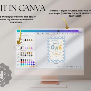 May include: A desktop computer screen displays a design template in Canva. The text "EDIT IN CANVA" is at the top, with instructions to edit the design. A sample invitation with the text "It's fun to be ONE" is visible. The design studio logo is in the lower left.