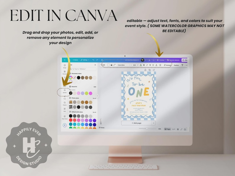 May include: A desktop computer screen displays a design template in Canva. The text "EDIT IN CANVA" is at the top, with instructions to edit the design. A sample invitation with the text "It's fun to be ONE" is visible. The design studio logo is in the lower left.