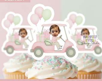 Pink Golf Themed Face Cupcake Toppers , Girl Pink Hole In One Birthday Photo Decor  , Golf Birthday Cupcake Topper,Let's Par- Tee decor,GGP1
