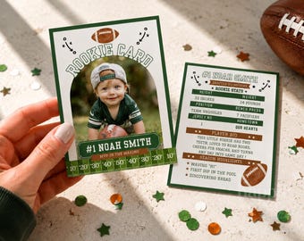 First Year Down Rookie Card Template, Football 1st Birthday Trading Card, Editable Canva Party Favor