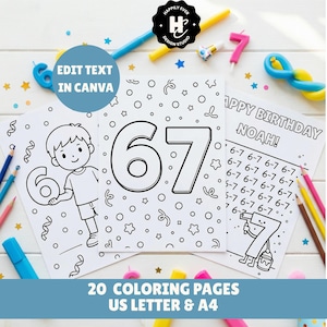 May include: A collection of coloring pages with the number 67 and birthday themes. The pages include the text "EDIT TEXT IN CANVA", "HAPPY BIRTHDAY NOAH!", and "20 COLORING PAGES US LETTER & A4". The image also features candles and drawing supplies.
