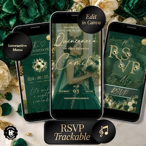 May include: Three smartphones showcasing Quinceañera invitation designs. The central phone displays a woman in a green gown. Other screens show countdown, RSVP details, and interactive menu options. Text includes "Camila", "RSVP", and "Edit in Canva".