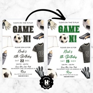 May include: Soccer-themed birthday party invitations. The design includes soccer balls, cleats, gloves, and jerseys. The text reads "Game On!" and includes party details such as the date, time, and location. The invitation is for a 10th birthday.