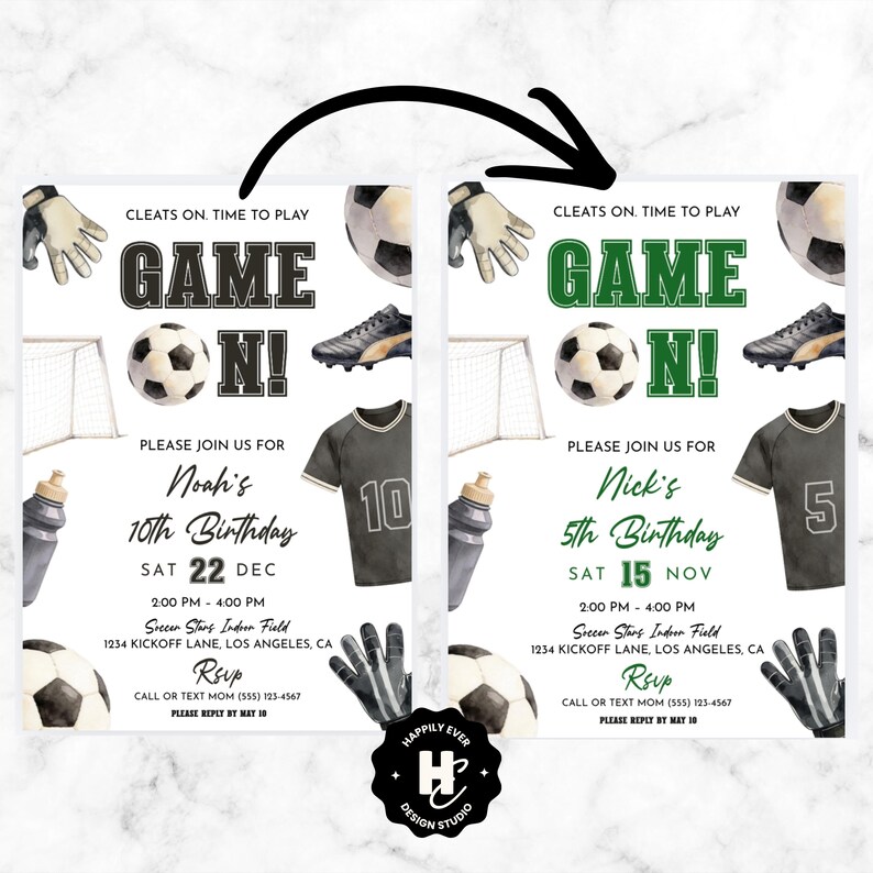May include: Soccer-themed birthday party invitations. The design includes soccer balls, cleats, gloves, and jerseys. The text reads "Game On!" and includes party details such as the date, time, and location. The invitation is for a 10th birthday.