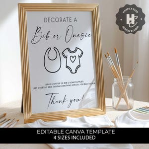 Decorate a Bib or Onesie Sign Editable , Onesie Decorating Station Template, Minimalist Baby Shower Game, Baby Shower Activity