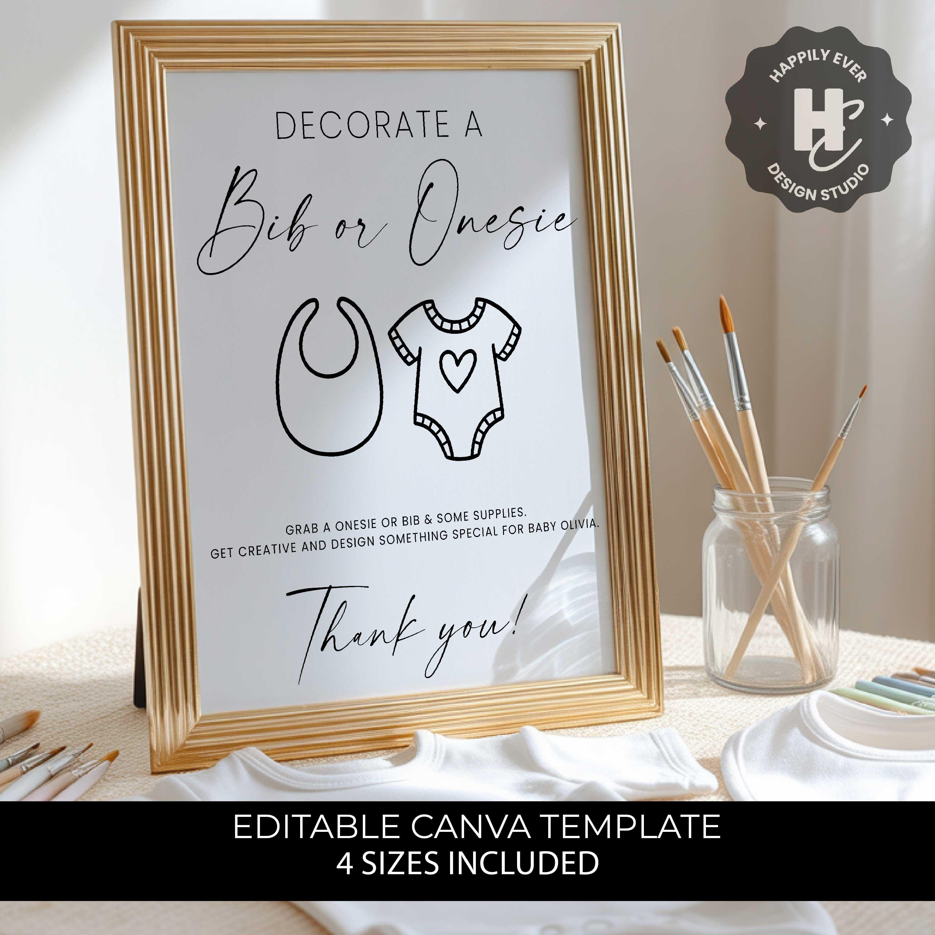 Decorate a Bib or Onesie Sign Editable , Onesie Decorating Station Template, Minimalist Baby Shower Game, Baby Shower Activity