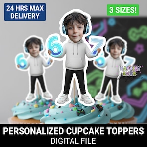 May include: Cupcake toppers featuring a boy wearing headphones and holding the numbers 6 and 7. The toppers are on cupcakes with blue frosting and colorful sprinkles. Text on the image reads "PERSONALIZED CUPCAKE TOPPERS DIGITAL FILE".