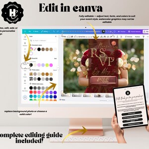 May include: A computer monitor displays a design interface with a wedding RSVP card. The card features gold text on a burgundy background. A tablet shows a thank you message. The text "Edit in Canva" is visible.