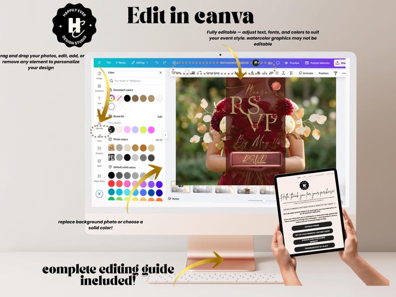 May include: A computer monitor displays a design interface with a wedding RSVP card. The card features gold text on a burgundy background. A tablet shows a thank you message. The text "Edit in Canva" is visible.