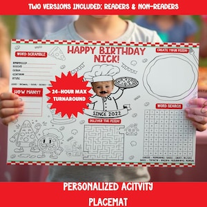 May include: A personalized pizza-themed activity placemat with a red, white, and black color scheme. The placemat features a word scramble, a word search, a maze, and a "create your own pizza" section. The placemat is designed for a birthday party and includes the name "Nick" and the year "2022".