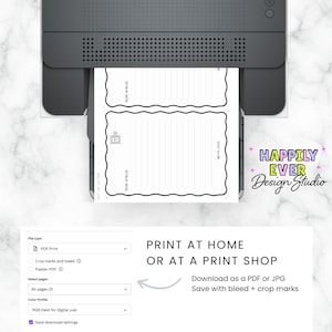 May include: A printer is shown printing a black and white letter template with the text "DEAR AMELIA" and "WITH LOVE". The design includes a decorative border and a small graphic. The image also shows a download option for PDF or JPG files.