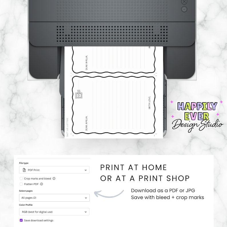 May include: A printer is shown printing a black and white letter template with the text "DEAR AMELIA" and "WITH LOVE". The design includes a decorative border and a small graphic. The image also shows a download option for PDF or JPG files.