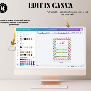 May include: A computer monitor displaying a Canva design interface with a colorful birthday invitation template featuring a checkered border and the text 'ONE' and 'FIRST BIRTHDAY'. The screen shows editing tools, color palettes, and text options.