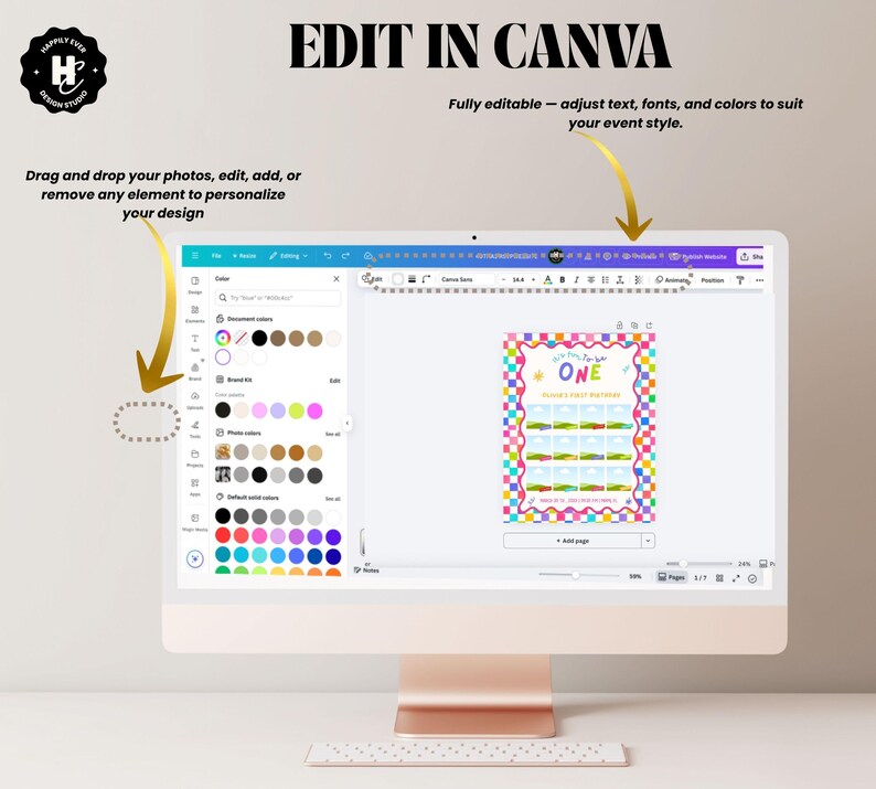 May include: A computer monitor displaying a Canva design interface with a colorful birthday invitation template featuring a checkered border and the text 'ONE' and 'FIRST BIRTHDAY'. The screen shows editing tools, color palettes, and text options.