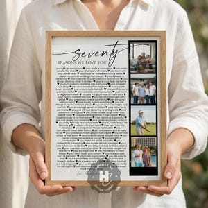 May include: A framed print with the word "Seventy" at the top, followed by "Reasons We Love You." The print includes a series of photos in a vertical strip on the right side. The frame is a light brown color.