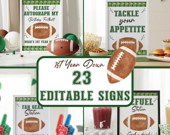Football Party Signs Bundle, First Year Down Birthday Signs Editable , Football Baby Shower Decorations, 1st Year Down Birthday Signs