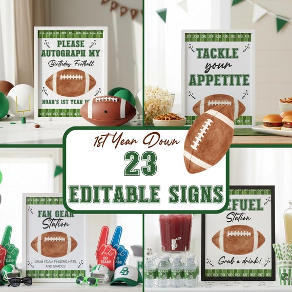 Football Party Signs Bundle, First Year Down Birthday Signs Editable , Football Baby Shower Decorations, 1st Year Down Birthday Signs