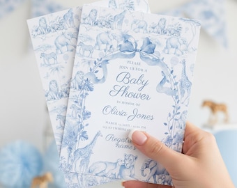 Blue Toile Safari Baby Shower Invitation, Vintage French All Blue Floral Bow Invitation Templates, Safari Animal Theme,