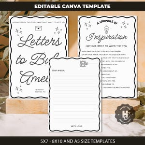 Pode incluir: Um conjunto de três modelos imprimíveis em preto e branco com bordas decorativas. Os modelos incluem texto que diz "Letters to Bi Amer", "A Sprinkle of Inspiration" e um modelo de carta. Disponíveis nos tamanhos 5x7, 8x10 e A5.
