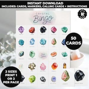 Könnte beinhalten: Ein druckbares Crystal Bingo-Spiel mit Aquarellillustrationen verschiedener Kristalle. Das Spiel enthält 50 Karten und ist in zwei Größen erhältlich. Der Text auf dem Bild lautet "Crystal Bingo" und "Sofort-Download".