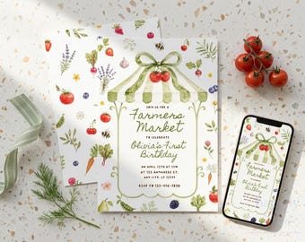 Farmers Market Birthday Invitation, Veggie Birthday Canva Template, Print + Mobile Animated Invite