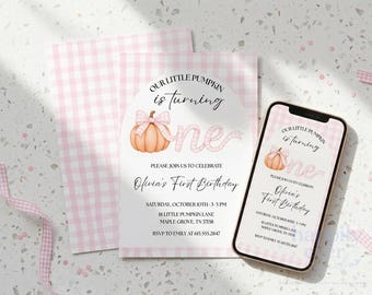 Pink Bow Our Little Pumpkin 1st Birthday Invitation, Fall Birthday Girl, Gingham Autumn Pumpkin Invite