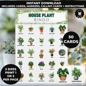 Könnte beinhalten: Ein druckbares "House Plant Bingo" Spiel mit 50 Karten, das Illustrationen verschiedener Zimmerpflanzen zeigt. Das Spiel beinhaltet Karten, Marker, Anrufkarten und Anweisungen. Erhältlich in zwei Größen, drucken Sie eine oder zwei pro Seite.