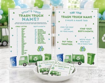 Trash Truck Party Name Game, What’s Your Garbage Truck Name, Garbage Truck 2nd Birthday Game, Two Stinkin Cute Party Activity