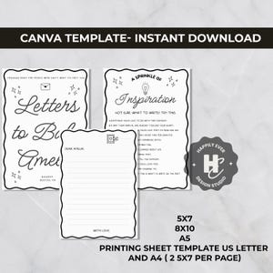 May include: Black and white printable templates for letters and inspiration. The templates include the text "Letters to Be" and "A Sprinkle of Inspiration". The design includes decorative borders and stars. The templates are available in various sizes.