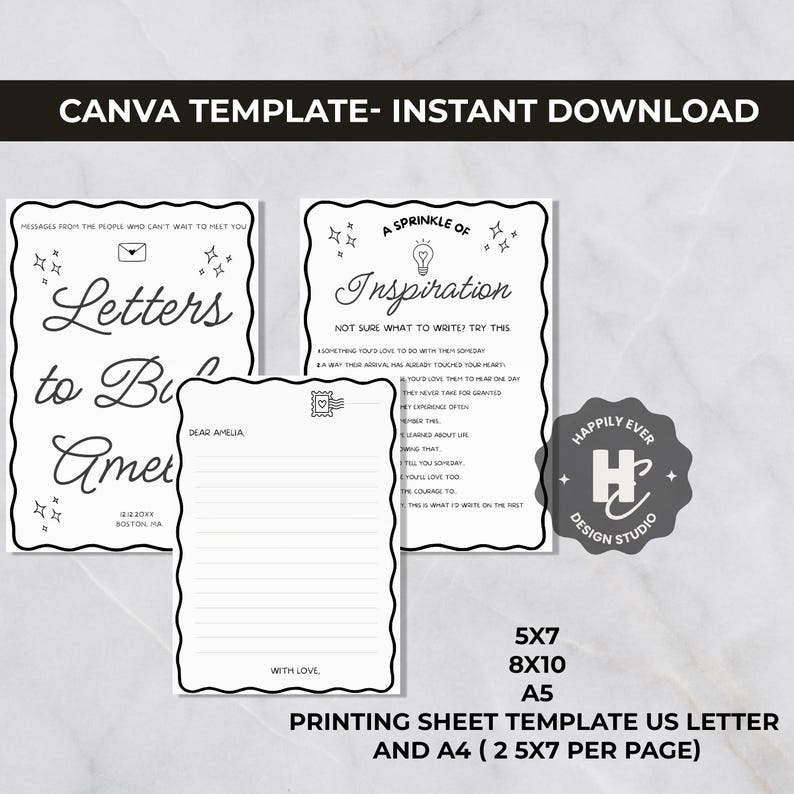 May include: Black and white printable templates for letters and inspiration. The templates include the text "Letters to Be" and "A Sprinkle of Inspiration". The design includes decorative borders and stars. The templates are available in various sizes.