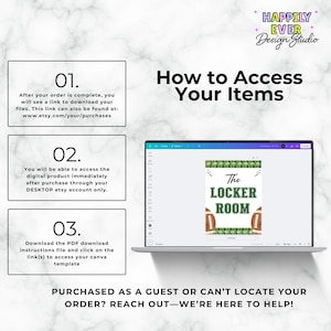 May include: A digital download guide titled "How to Access Your Items" with instructions for Etsy purchases. The guide includes steps for downloading files and accessing templates. A laptop displays a "Locker Room" sign with football graphics.