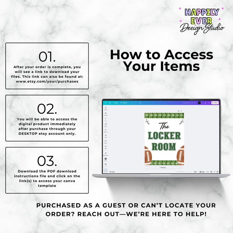 May include: A digital download guide titled "How to Access Your Items" with instructions for Etsy purchases. The guide includes steps for downloading files and accessing templates. A laptop displays a "Locker Room" sign with football graphics.