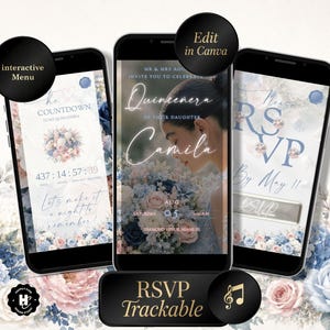 May include: Three smartphones displaying digital invitations for a Quinceañera. The central phone features a photo of a young woman and floral arrangements. The other screens show countdown and RSVP details. Text includes "Quinceañera", "RSVP", and "Countdown".