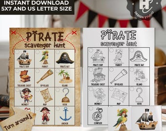 May include: Two pirate-themed scavenger hunt game printables. One is in color, the other in black and white. Each game features illustrations of pirate ships, parrots, treasure chests, spyglasses, islands, and more. The text "Pirate Scavenger Hunt" is at the top.