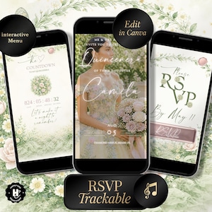 Könnte beinhalten: Drei Smartphones mit Designs für Quinceañera-Einladungen. Eines zeigt einen Countdown, ein anderes die Einladungsdetails und das dritte fordert zur RSVP auf. Das Design umfasst florale Elemente und den Text "RSVP Trackable".