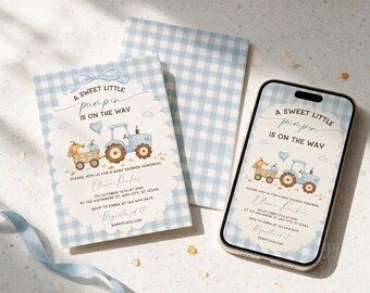 Sweet Little Pumpkin Baby Shower Invitation, Blue Tractor Canva Template, Animated Mobile Invite