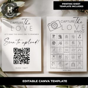 May include: Two white wedding bingo cards with black text and illustrations. The left card says "Capture the Love" and "Scan to upload!" with a QR code. The right card is a bingo game with wedding-themed icons.