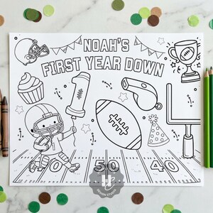 First Year Down Birthday Activity Placemat , Football Theme Birthday Party Coloring  , 1st year down birthday , coloring placemat football