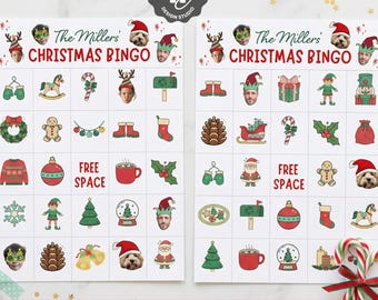 May include: Two personalized Christmas Bingo cards with festive illustrations and family photos. The cards feature a variety of holiday-themed images, including a Christmas tree, Santa Claus, and a gingerbread man. The text "The Millers' CHRISTMAS BINGO" is displayed at the top.