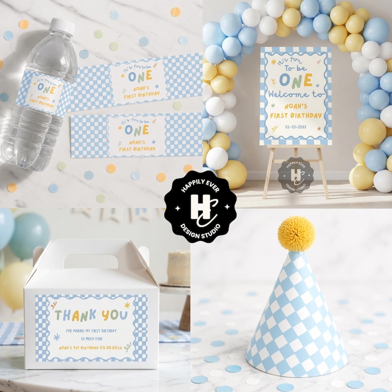 May include: A collection of party supplies for a first birthday celebration. Includes water bottle labels, a welcome sign, a party favor box, and a checkered party hat. The theme is blue and white with yellow accents. The sign reads "It's fun to be ONE."