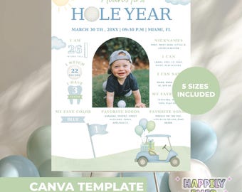 Hole In One Birthday Milestone Poster , Golf 1st Birthday , Hole Year Sign , First Year Golf Par-tee Stats Sign Board, Baby Golf stats