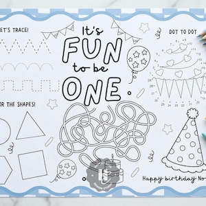 Fun To Be One  Boy 1st Birthday Activity Placemat  , Colorful First Birthday Decor, Custom Boy 1st Birthday Decor, One is Fun  Hat